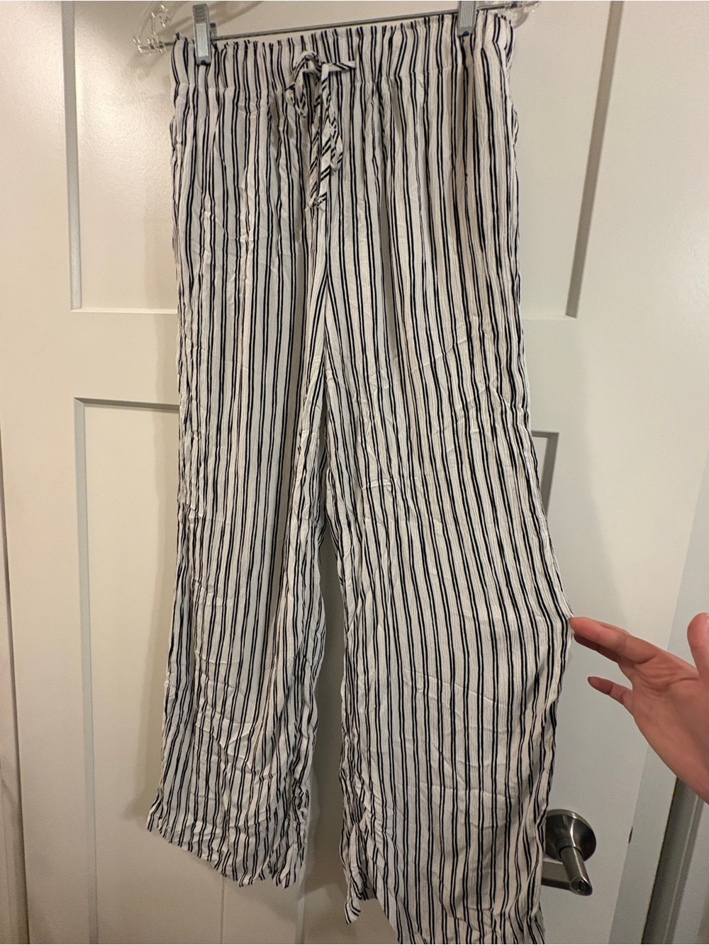 Streetwear Society Women’s White Wide-Leg Pants with Black Pinstripes